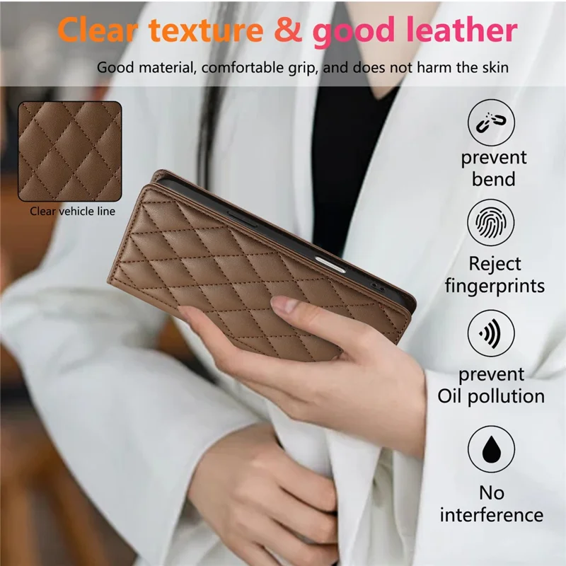 For iPhone 16e Case RFID Blocking Wallet Stand Rhombus Leather Phone Cover with Wrist Strap - Brown