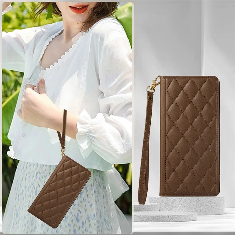 For iPhone 16e Case RFID Blocking Wallet Stand Rhombus Leather Phone Cover with Wrist Strap - Brown