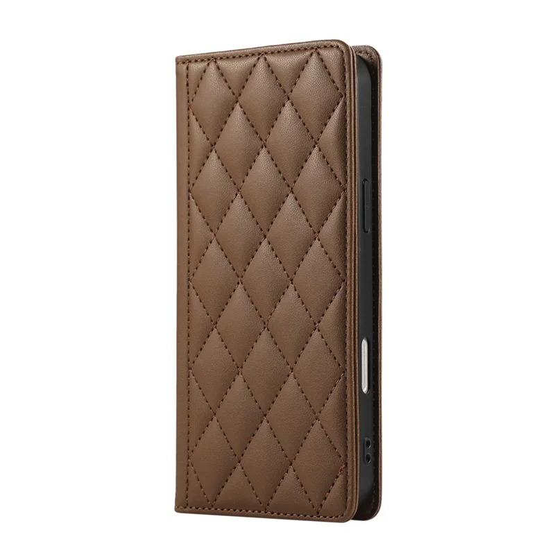 For iPhone 16e Case RFID Blocking Wallet Stand Rhombus Leather Phone Cover with Wrist Strap - Brown