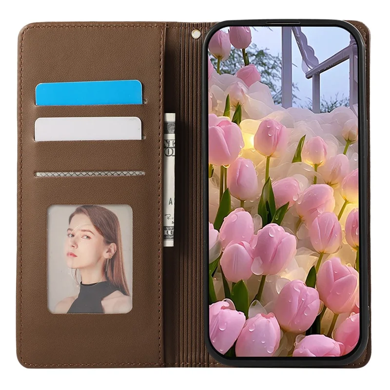 For iPhone 16e Case RFID Blocking Wallet Stand Rhombus Leather Phone Cover with Wrist Strap - Brown