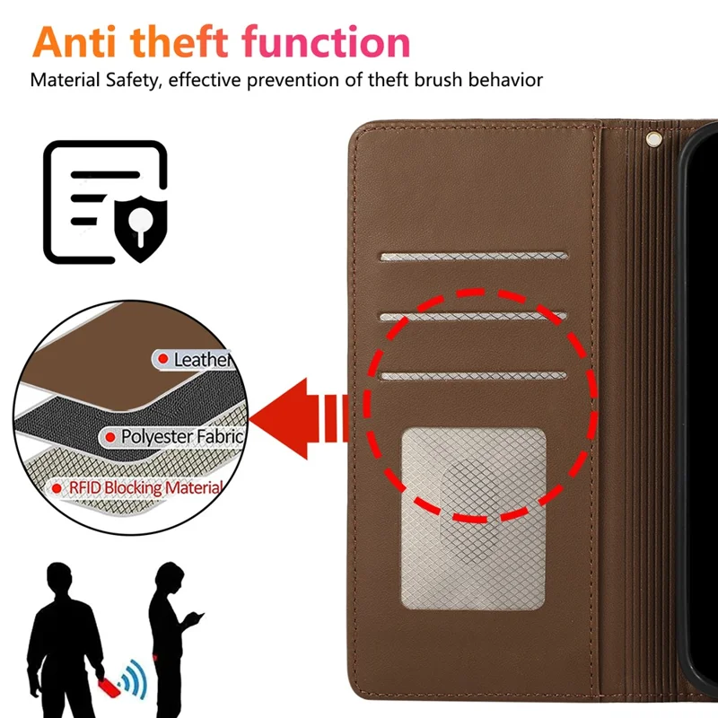 For iPhone 16e Case RFID Blocking Wallet Stand Rhombus Leather Phone Cover with Wrist Strap - Brown