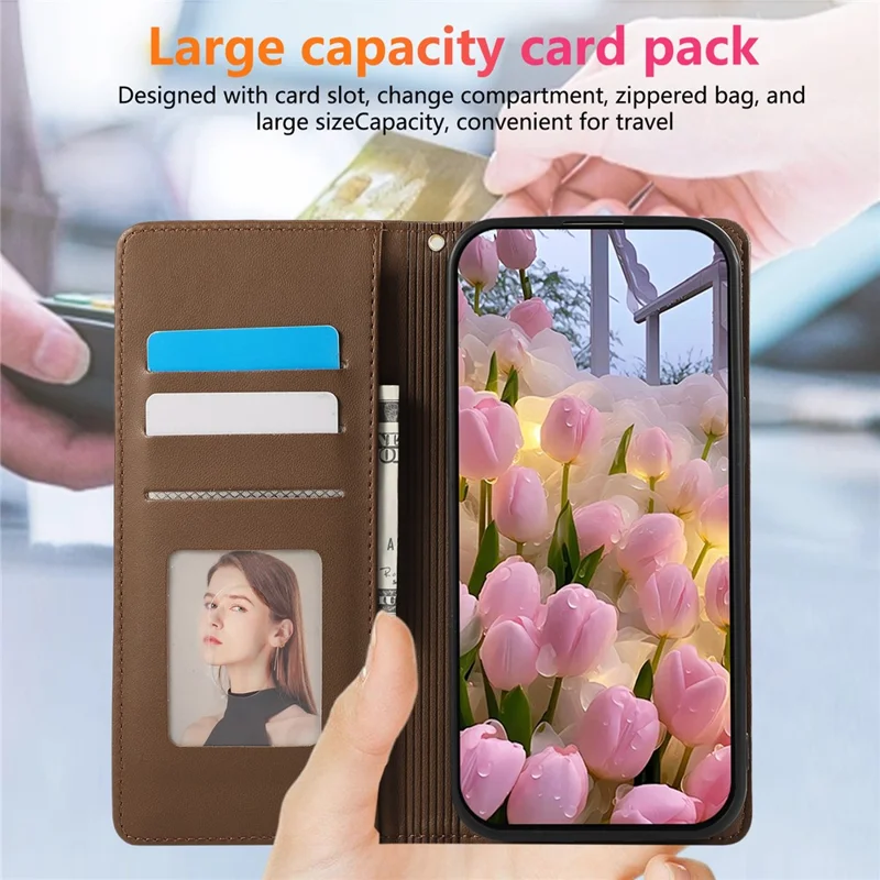 For iPhone 16e Case RFID Blocking Wallet Stand Rhombus Leather Phone Cover with Wrist Strap - Brown