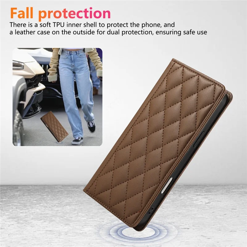 For iPhone 16e Case RFID Blocking Wallet Stand Rhombus Leather Phone Cover with Wrist Strap - Brown