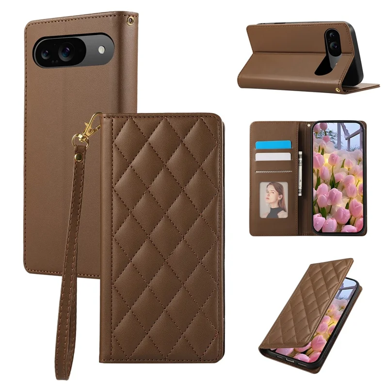 For Google Pixel 9 / 9 Pro Case RFID Blocking Wallet Stand Rhombus Leather Phone Cover with Wrist Strap - Brown