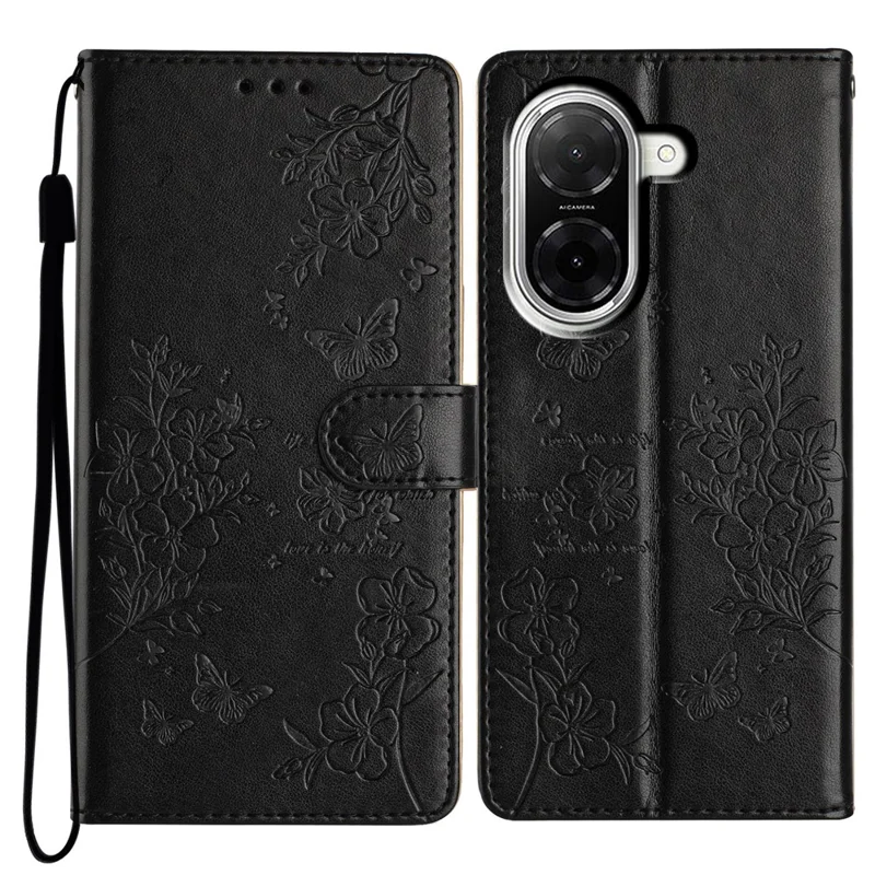 Pour Xiaomi Redmi A5 4G (171,7 mm) Étui portefeuille pour téléphone Motif floral papillon Housse à rabat en cuir avec sangle - Noir