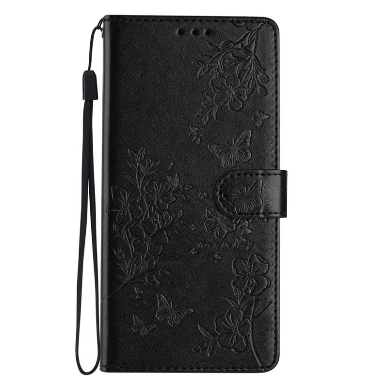 Pour Xiaomi Redmi A5 4G (171,7 mm) Étui portefeuille pour téléphone Motif floral papillon Housse à rabat en cuir avec sangle - Noir