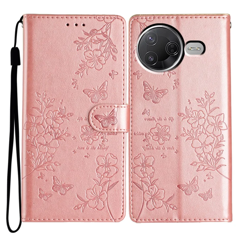 Wallet Phone Case for Xiaomi Poco F7 Pro 5G / F7 Ultra 5G / Redmi K80 Pro 5G / K80 5G Butterfly Floral Imprint Leather Flip Cover with Strap - Rose Gold