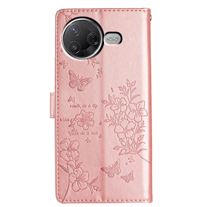 Wallet Phone Case for Xiaomi Poco F7 Pro 5G / F7 Ultra 5G / Redmi K80 Pro 5G / K80 5G Butterfly Floral Imprint Leather Flip Cover with Strap - Rose Gold