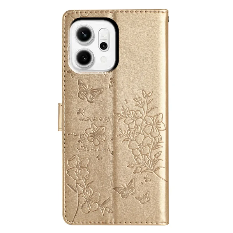 Para Oppo Reno14 Pro 5G (Global) Carteira Capa de Telefone Impressão Floral de Borboleta Couro Flip Cover com Alça - Dourado
