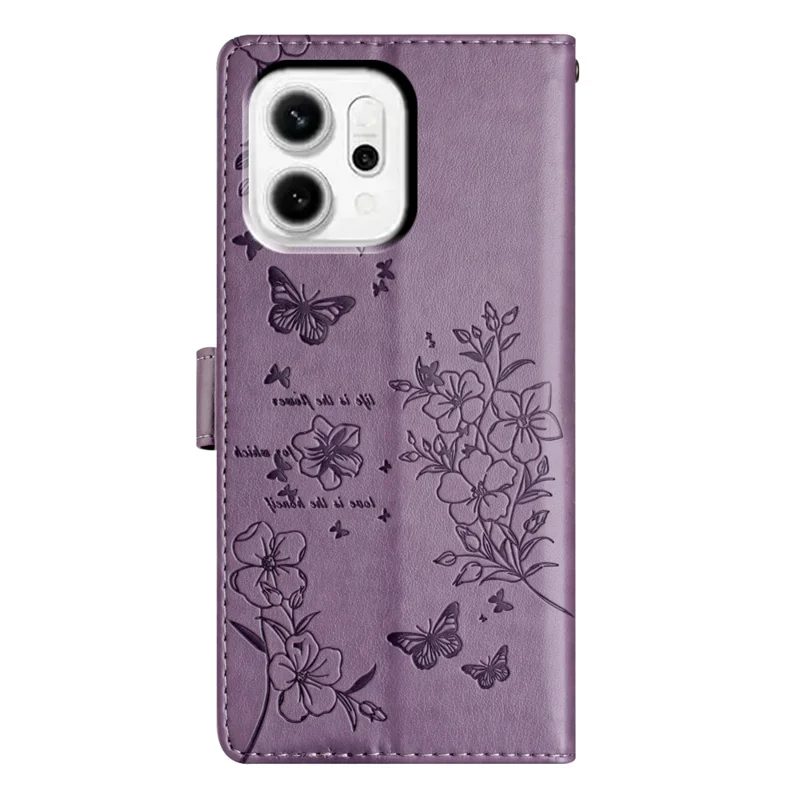 Für Oppo Reno14 5G (Global) Geldbörsen-Handyhülle Schmetterling Blumen-Prägung Leder Flip Cover mit Trageriemen - Lila