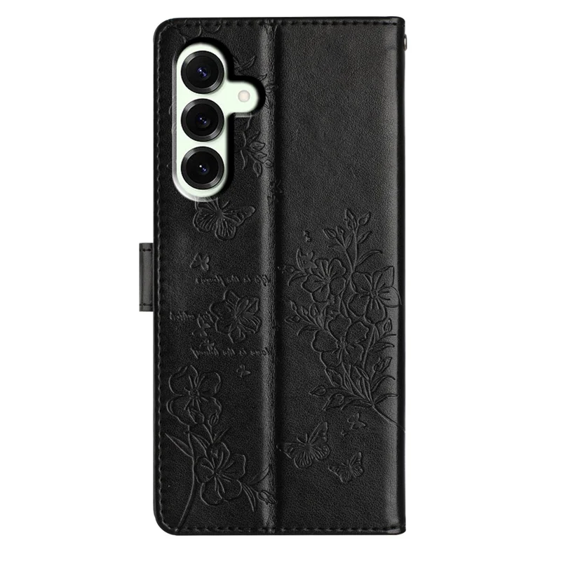 For Samsung Galaxy A17 5G / A26 5G Wallet Phone Case Butterfly Floral Imprint Leather Flip Cover with Strap - Black