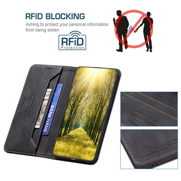 BINFEN COLOR for Samsung Galaxy S23 Leather Case Mobile Cover Stand with RFID Blocking Card Holder - Black