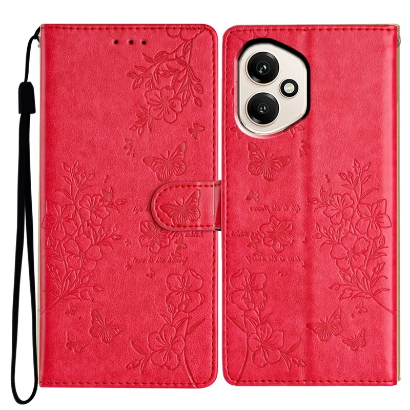 For Honor 400 5G (Globale) Cover a Portafoglio per Telefono con Stampa di Farfalle e Fiori in Pelle con Cinturino - Rosso