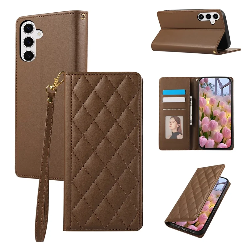 For Samsung Galaxy A56 5G Case RFID Blocking Wallet Stand Rhombus Leather Phone Cover with Wrist Strap - Brown