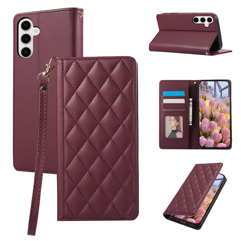 For Samsung Galaxy S25 / S24 Case RFID Blocking Wallet Stand Rhombus Leather Phone Cover with Wrist Strap - Red