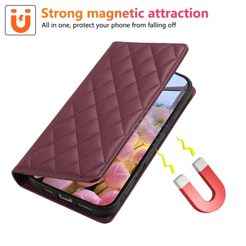 For Samsung Galaxy S25 / S24 Case RFID Blocking Wallet Stand Rhombus Leather Phone Cover with Wrist Strap - Red