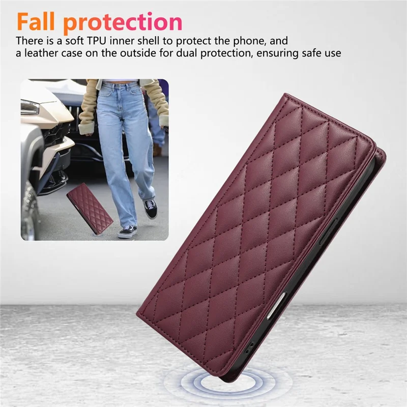 For Samsung Galaxy S25 / S24 Case RFID Blocking Wallet Stand Rhombus Leather Phone Cover with Wrist Strap - Red