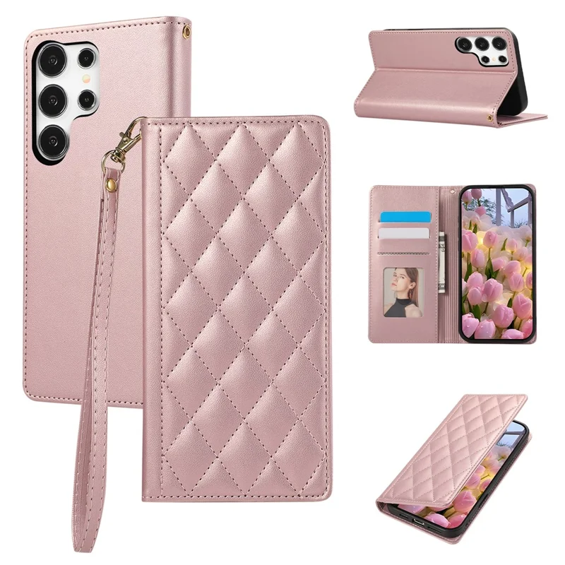 For Samsung Galaxy S24 Ultra Case RFID Blocking Wallet Stand Rhombus Leather Phone Cover with Wrist Strap - Rose Gold