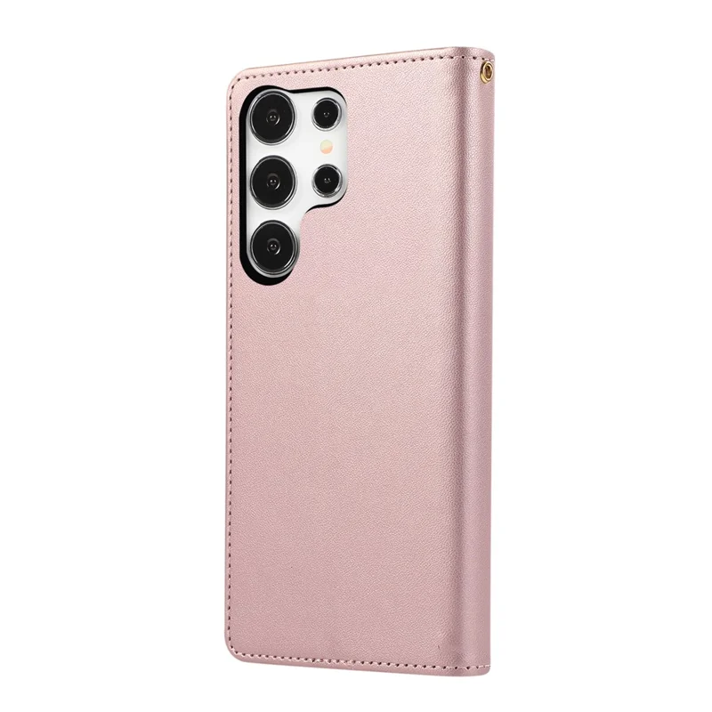 For Samsung Galaxy S24 Ultra Case RFID Blocking Wallet Stand Rhombus Leather Phone Cover with Wrist Strap - Rose Gold
