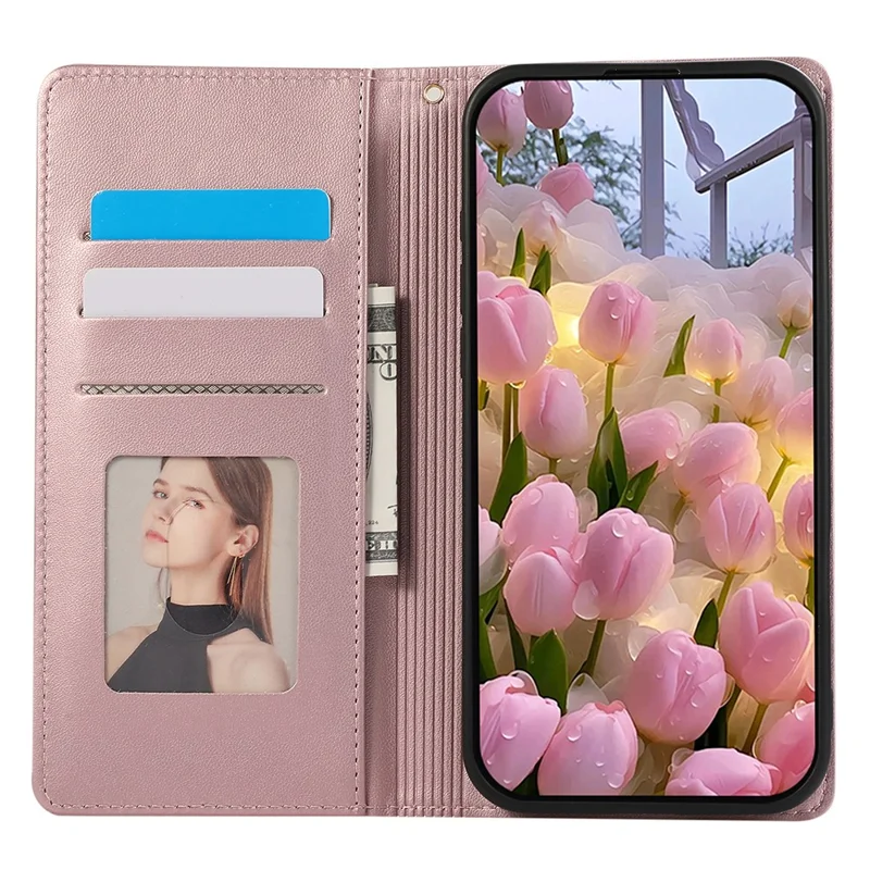 For Samsung Galaxy S24 Ultra Case RFID Blocking Wallet Stand Rhombus Leather Phone Cover with Wrist Strap - Rose Gold