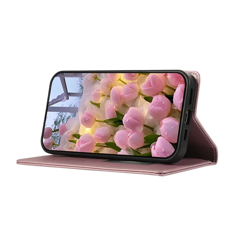 For Samsung Galaxy S24 Ultra Case RFID Blocking Wallet Stand Rhombus Leather Phone Cover with Wrist Strap - Rose Gold
