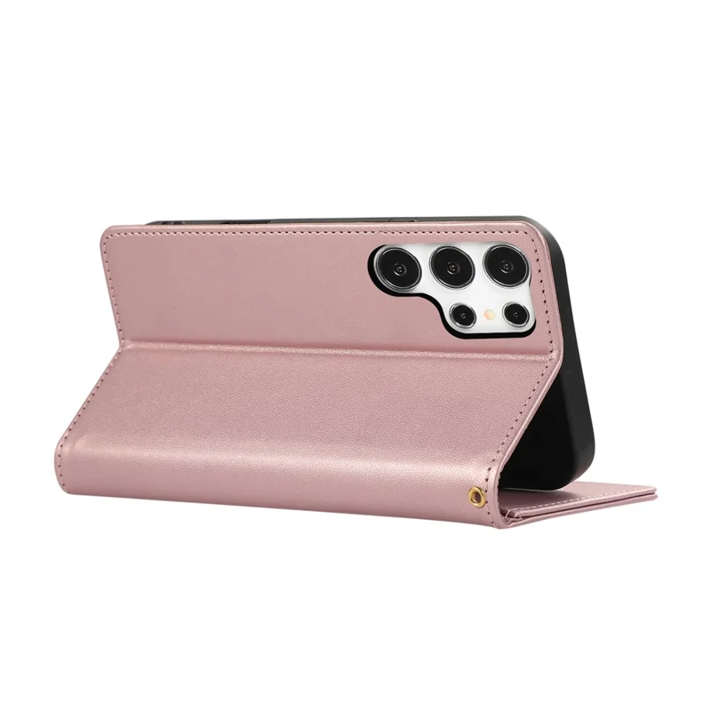 For Samsung Galaxy S24 Ultra Case RFID Blocking Wallet Stand Rhombus Leather Phone Cover with Wrist Strap - Rose Gold