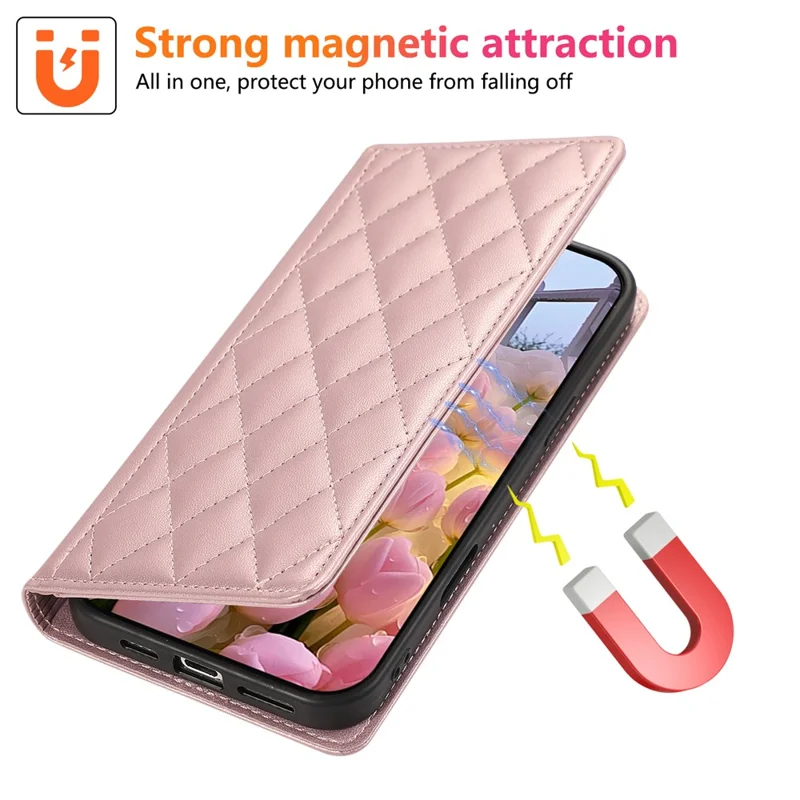 For Samsung Galaxy S24 Ultra Case RFID Blocking Wallet Stand Rhombus Leather Phone Cover with Wrist Strap - Rose Gold