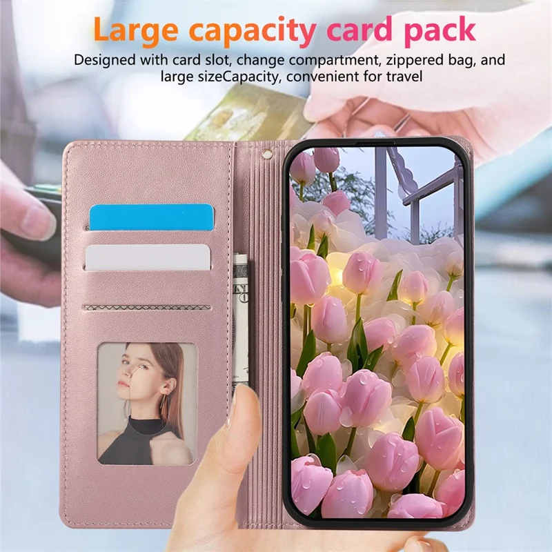 For Samsung Galaxy S24 Ultra Case RFID Blocking Wallet Stand Rhombus Leather Phone Cover with Wrist Strap - Rose Gold