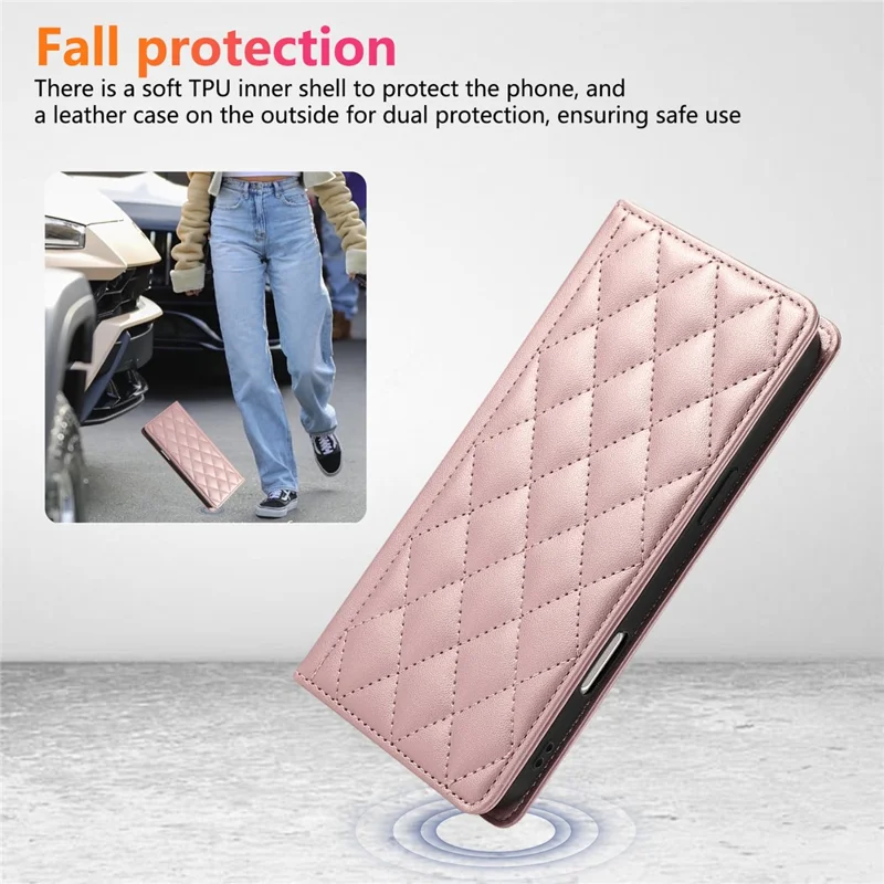 For Samsung Galaxy S24 Ultra Case RFID Blocking Wallet Stand Rhombus Leather Phone Cover with Wrist Strap - Rose Gold