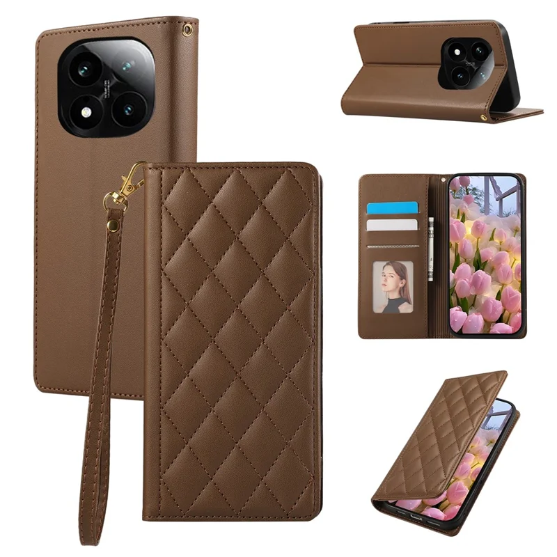 Phone Case For Xiaomi Redmi Note 14 Pro 5G / Note 14 Pro+ 5G / Poco X7 5G , RFID Blocking Wallet Stand Rhombus Leather Cover with Wrist Strap - Brown