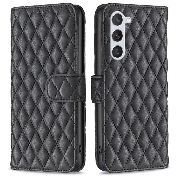 BINFEN COLOR BF Style-14 per Samsung Galaxy S23 Impresso Disegno a Rombo in PU Pelle Custodia Telefonica Chiusura Magnetica Flip Stand Portafoglio - Nero