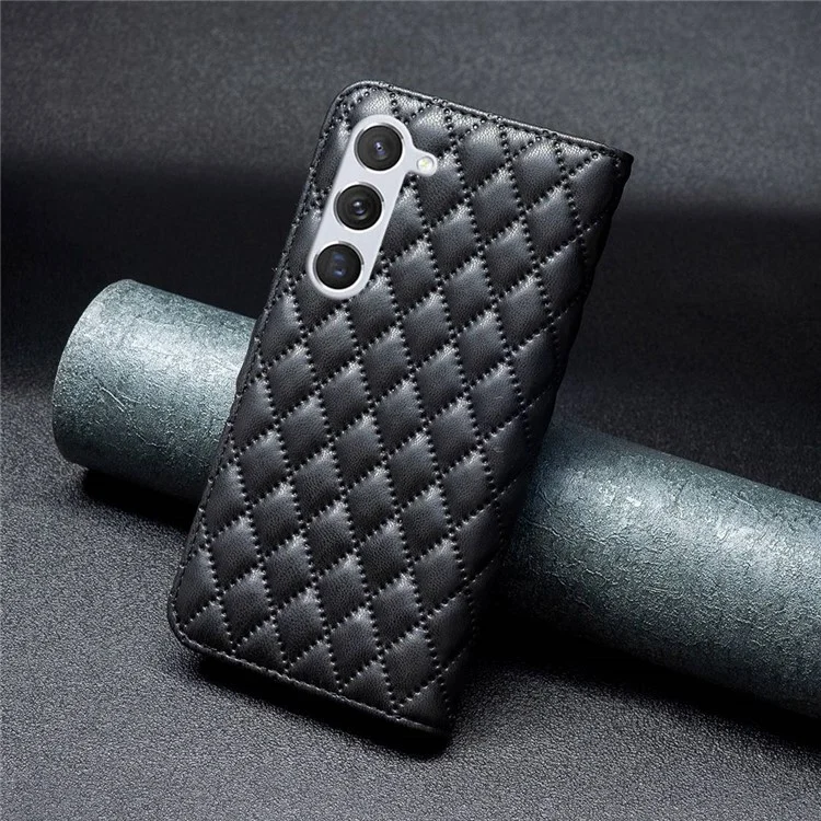 BINFEN COLOR BF Style-14 per Samsung Galaxy S23 Impresso Disegno a Rombo in PU Pelle Custodia Telefonica Chiusura Magnetica Flip Stand Portafoglio - Nero