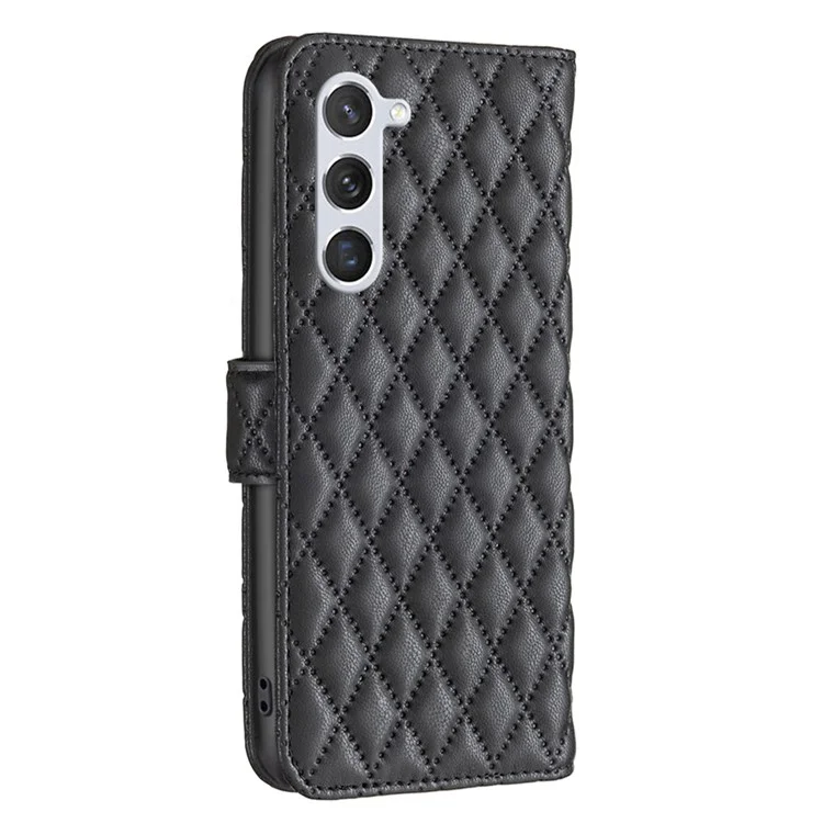 BINFEN COLOR BF Style-14 per Samsung Galaxy S23 Impresso Disegno a Rombo in PU Pelle Custodia Telefonica Chiusura Magnetica Flip Stand Portafoglio - Nero