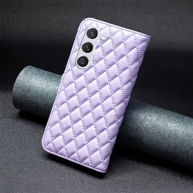 BINFEN COLOR BF Style-14 для Samsung Galaxy S23 Имитированный ромбовидный узор PU кожаный чехол для телефона с магнитной застежкой, складной стенд, бумажник - фиолетовый