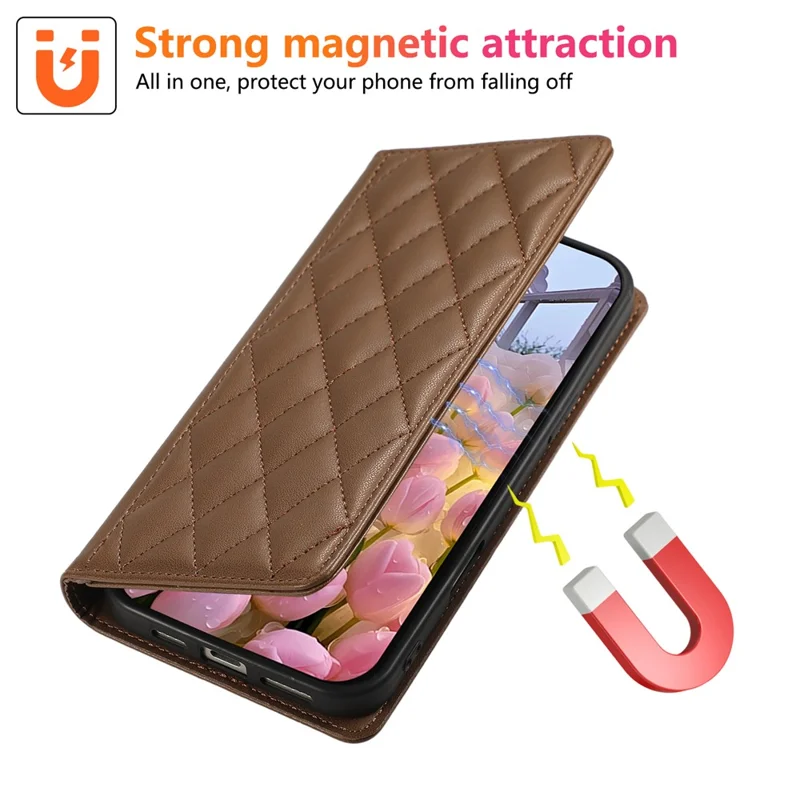 Pour Xiaomi Redmi Note 14 Pro 4G Étui Portefeuille Anti-RFID Support Rhombe Cuir Housse de Téléphone avec Dragonne - Marron