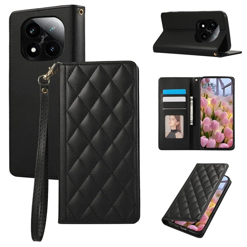 Para Xiaomi Redmi Note 14 Pro 4G Funda Cartera Bloqueo RFID Soporte Rombo Cuero Funda de Teléfono con Correa de Muñeca - Negro