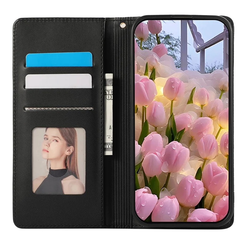 Para Xiaomi Redmi Note 14 Pro 4G Funda Cartera Bloqueo RFID Soporte Rombo Cuero Funda de Teléfono con Correa de Muñeca - Negro