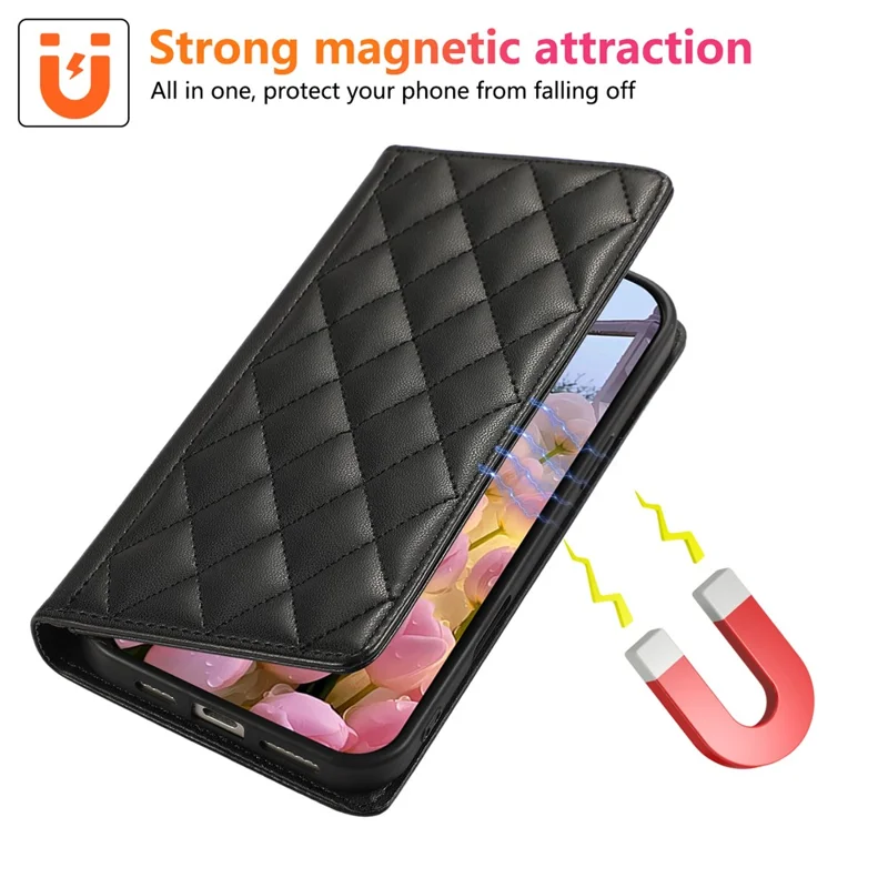Para Xiaomi Redmi Note 14 Pro 4G Funda Cartera Bloqueo RFID Soporte Rombo Cuero Funda de Teléfono con Correa de Muñeca - Negro