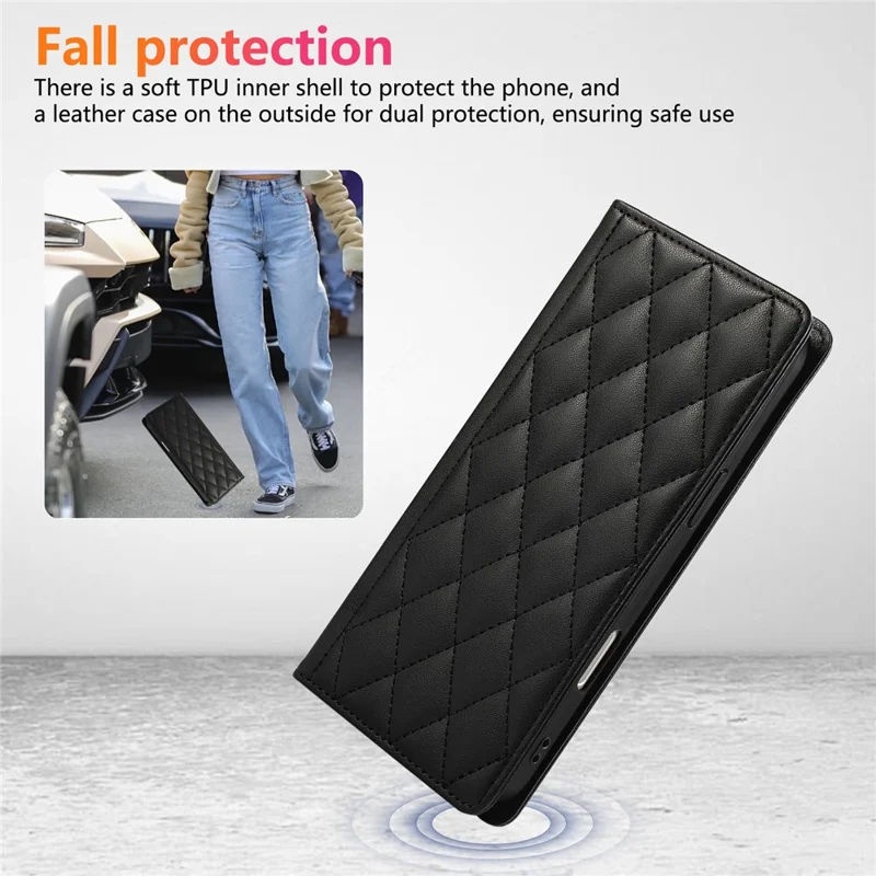 Para Xiaomi Redmi Note 14 Pro 4G Funda Cartera Bloqueo RFID Soporte Rombo Cuero Funda de Teléfono con Correa de Muñeca - Negro