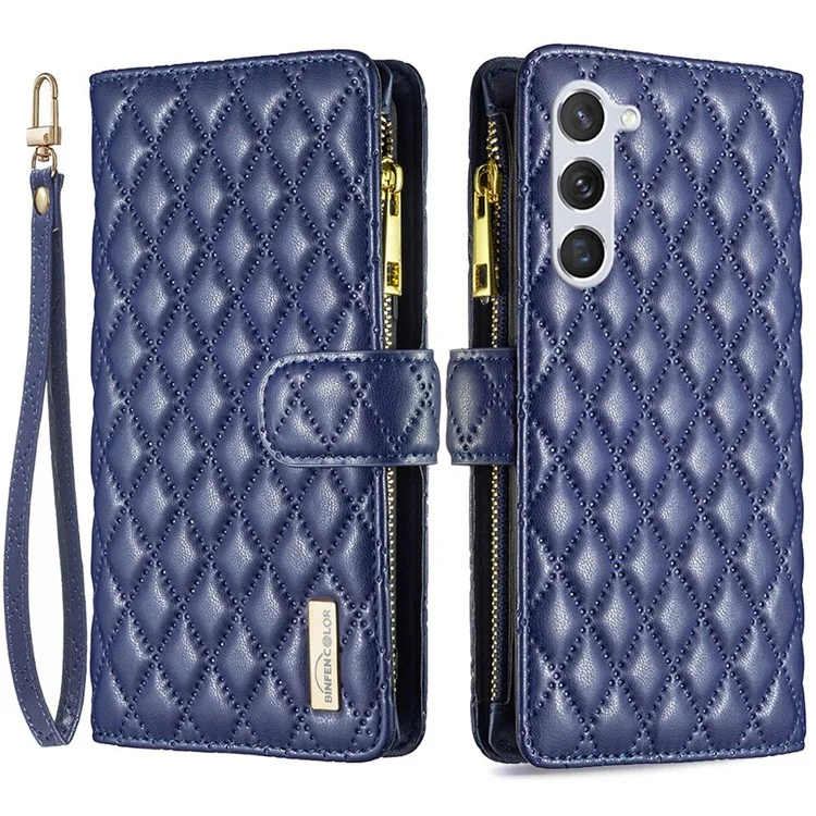 BINFEN COLOR BF Style-15 Zipper Wallet Case para Samsung Galaxy S23, Padrão Texturizado de Losango Impresso em Couro PU com Suporte Magnético e Alça - Azul