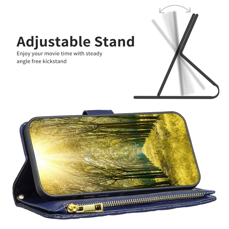 BINFEN COLOR BF Style-15 Zipper Wallet Case para Samsung Galaxy S23, Padrão Texturizado de Losango Impresso em Couro PU com Suporte Magnético e Alça - Azul