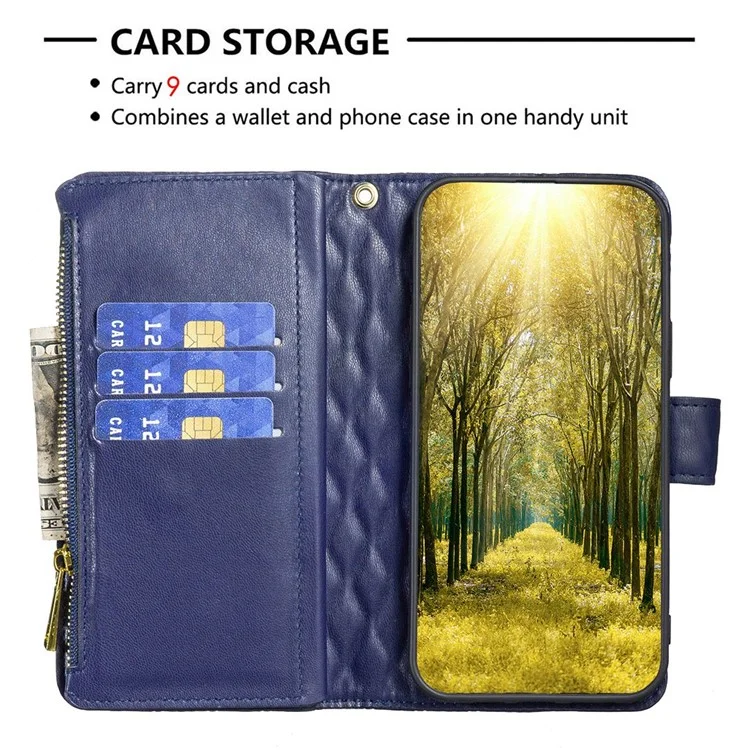 BINFEN COLOR BF Style-15 Zipper Wallet Case para Samsung Galaxy S23, Padrão Texturizado de Losango Impresso em Couro PU com Suporte Magnético e Alça - Azul