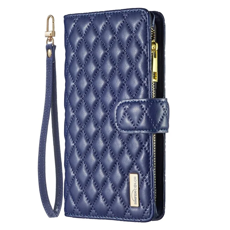 BINFEN COLOR BF Style-15 Zipper Wallet Case para Samsung Galaxy S23, Padrão Texturizado de Losango Impresso em Couro PU com Suporte Magnético e Alça - Azul