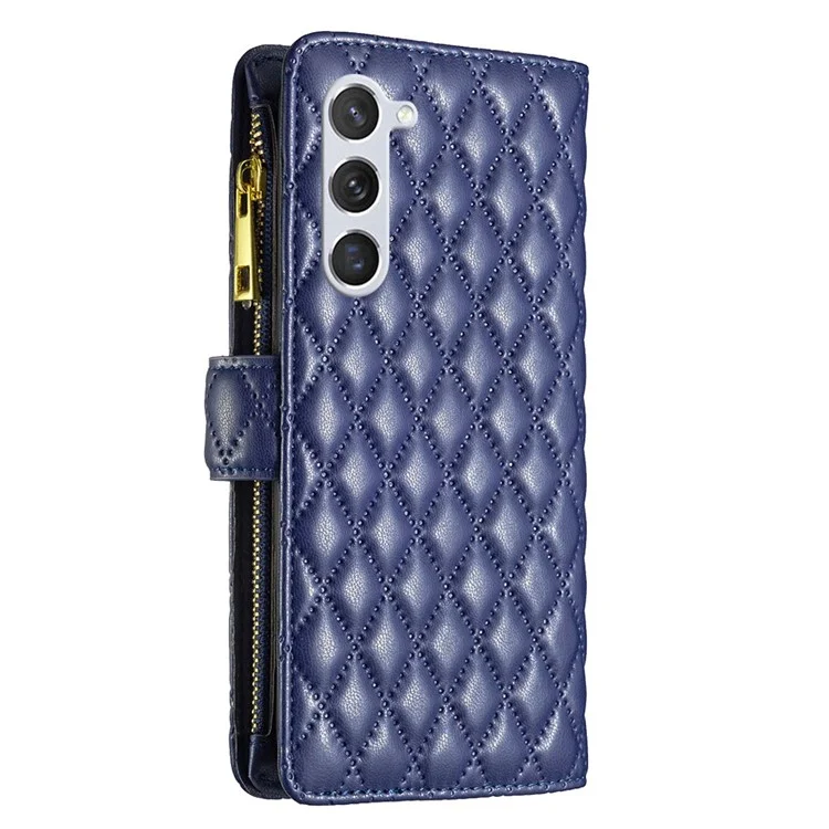 BINFEN COLOR BF Style-15 Zipper Wallet Case para Samsung Galaxy S23, Padrão Texturizado de Losango Impresso em Couro PU com Suporte Magnético e Alça - Azul