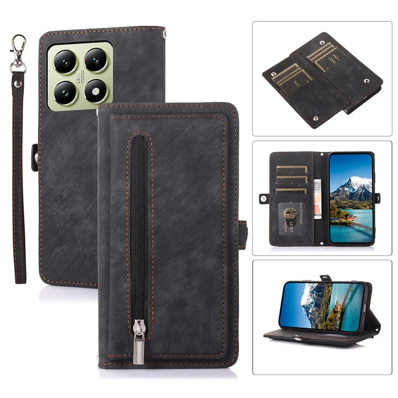 For Xiaomi 14T Pro Case Zipper Pocket 9 Card Slots PU Leather Phone Cover with Wrist Strap - Black