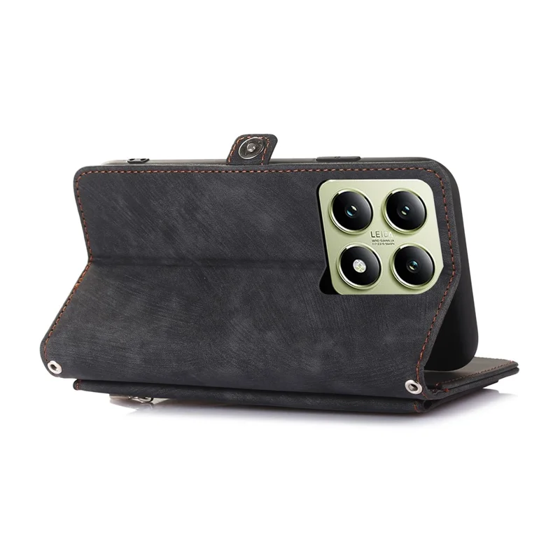 For Xiaomi 14T Pro Case Zipper Pocket 9 Card Slots PU Leather Phone Cover with Wrist Strap - Black