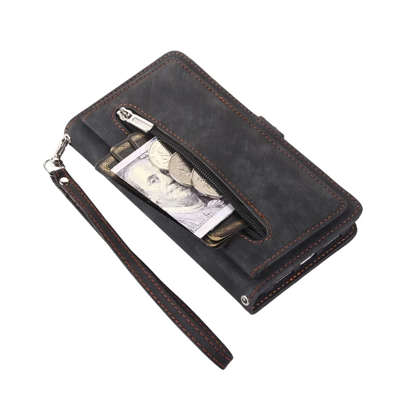 For Xiaomi 14T Pro Case Zipper Pocket 9 Card Slots PU Leather Phone Cover with Wrist Strap - Black