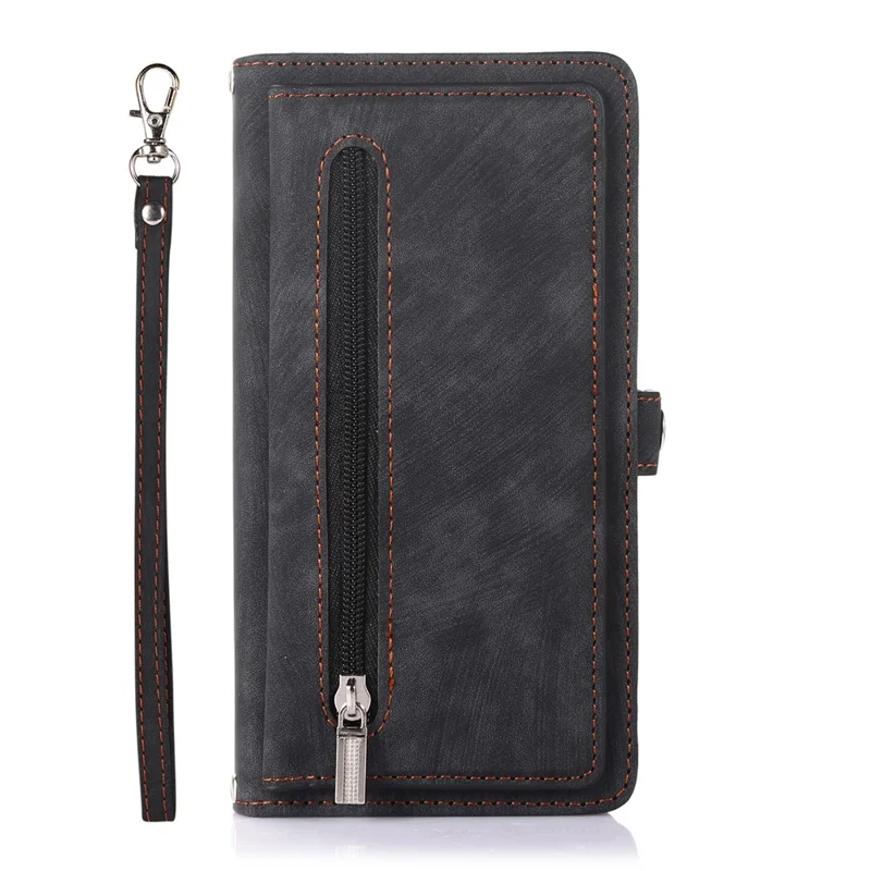 For Xiaomi 14T Pro Case Zipper Pocket 9 Card Slots PU Leather Phone Cover with Wrist Strap - Black