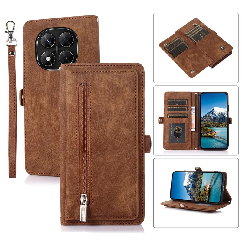 Per Xiaomi Redmi Note 14 Pro 4G Cover con Tasca con Cerniera 9 Slot per Carte in Pelle PU con Cinturino da Polso - Marrone