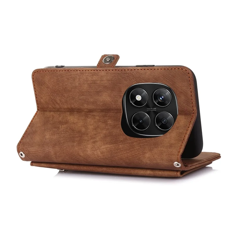 Per Xiaomi Redmi Note 14 Pro 4G Cover con Tasca con Cerniera 9 Slot per Carte in Pelle PU con Cinturino da Polso - Marrone